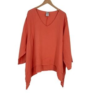 La Fixsun 100% Linen Sharkbite Tunic Top Coral Orange V-Neck Plus Size 2X USA